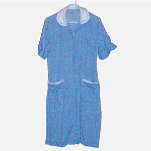Vintage Sears Zip & Dash Blue Paisley House Dress Pleated Collar Retro Size 14